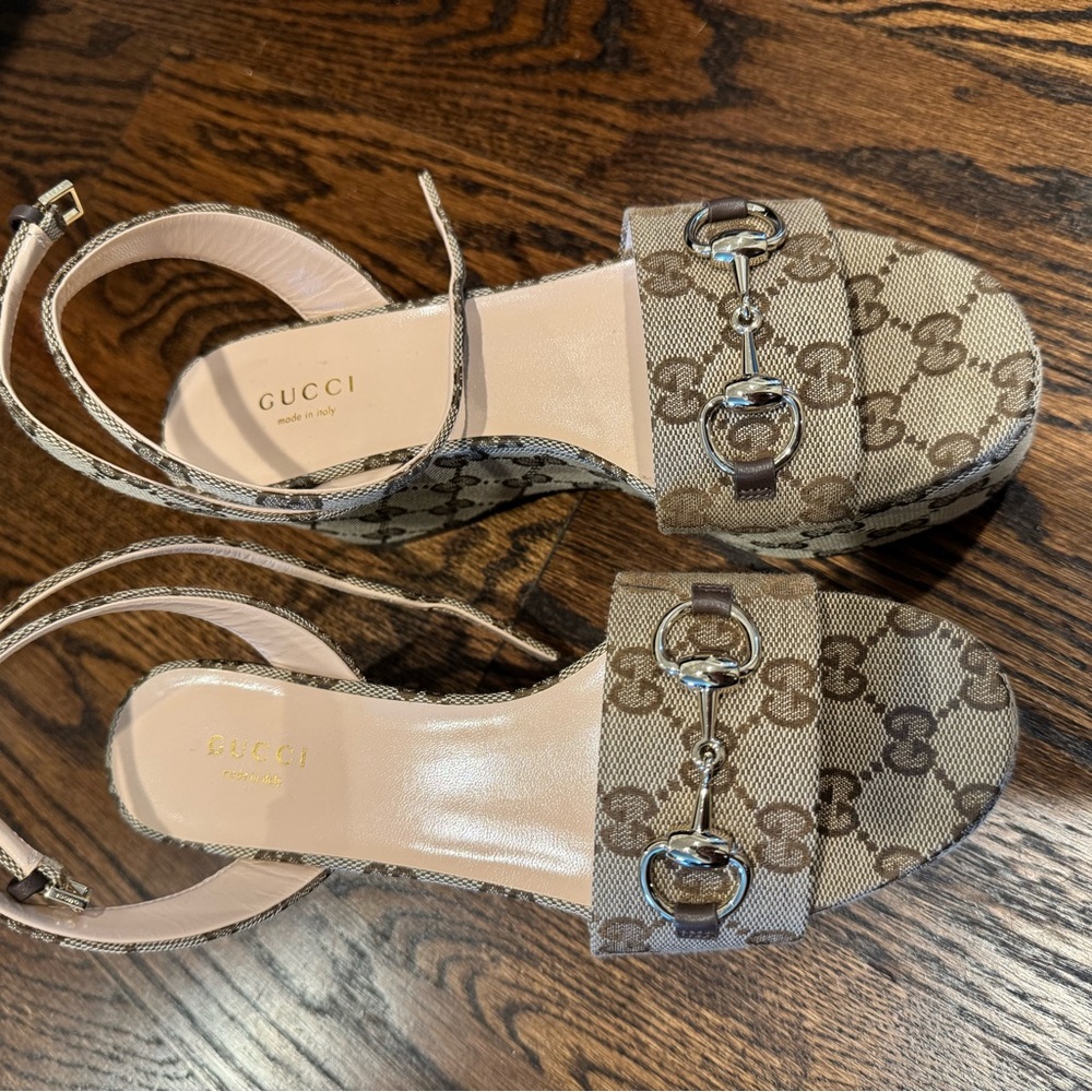 Gucci lady horsebit canvas wedge sandals 75MM - Picture 2 of 5